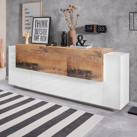 Modernes Design Sideboard weißes Holz 220cm 5 Türen 2 Schubladen New Coro Wide Aktion