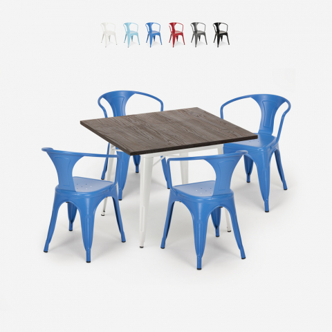 Tischset 80x80cm Industriedesign 4 Stühle Tolix-Stil Küchenbar Hustle White