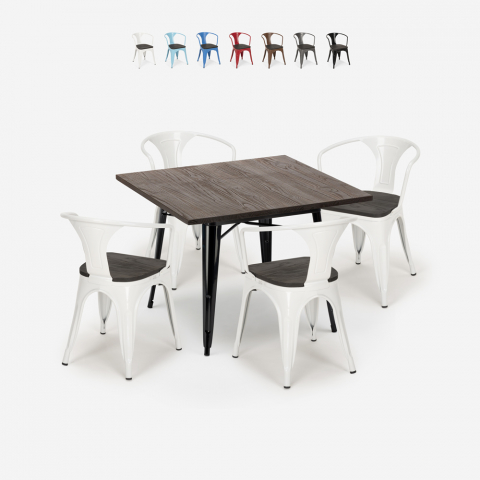  Set Tisch 80x80cm 4 Stühle Küche tolix Holz Metall Industrie Stil Hustle Wood Black Aktion