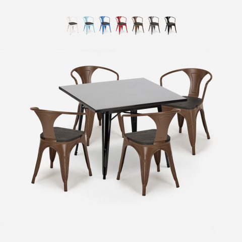 Schwarzes Tischset 80x80cm 4 Stühle im industriellen Tolix-Stil Century Wood Black