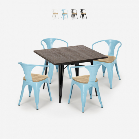 Set Tisch 80x80cm 4 Metall-Tolix-Stühle Holz Industriell Hustle Black Top Light