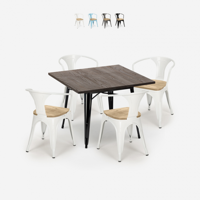 set tisch 80x80cm 4 stühle industrial metall holz hustle black top light Verkauf