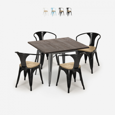 Set Tisch 80x80cm 4 industrielle Stühle im Tolix-Stil Holz Küche Hustle Top Light