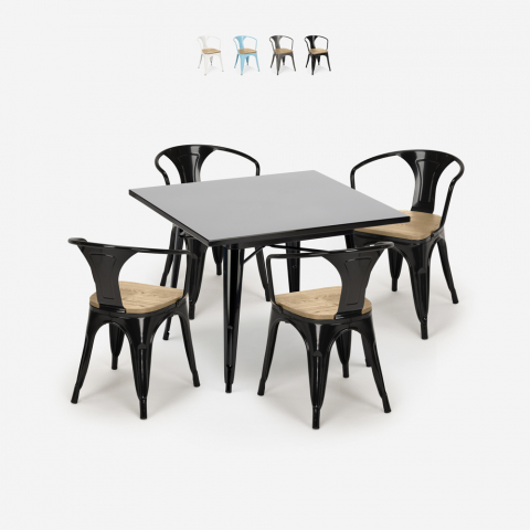 Set tisch 80x80cm schwarz 4 Stühle tolix Küche Metall Century Black Top Light Aktion