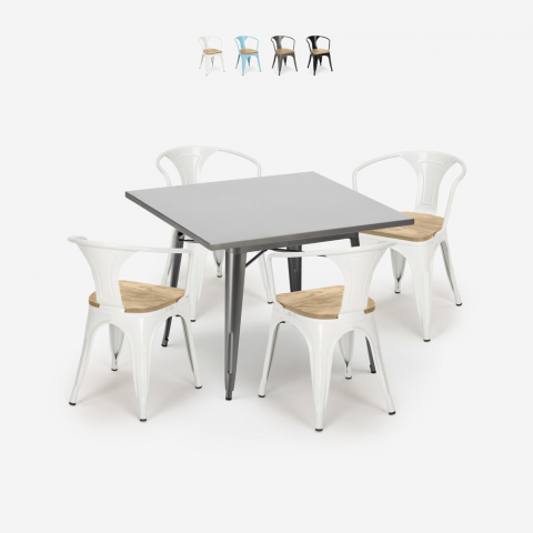 Set Tisch 80x80cm 4 Tolix-Stühle Holz und Metall Industriestil Küche Century Top Light