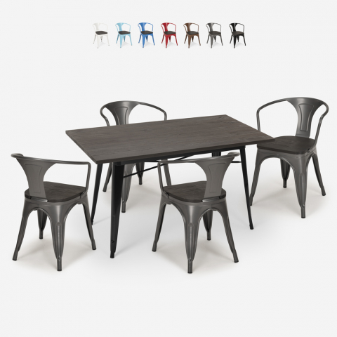 Set 4 Stühle  Tisch 120x60cm industrieller Stil tolix Holz Esszimmer Caster Wood Aktion