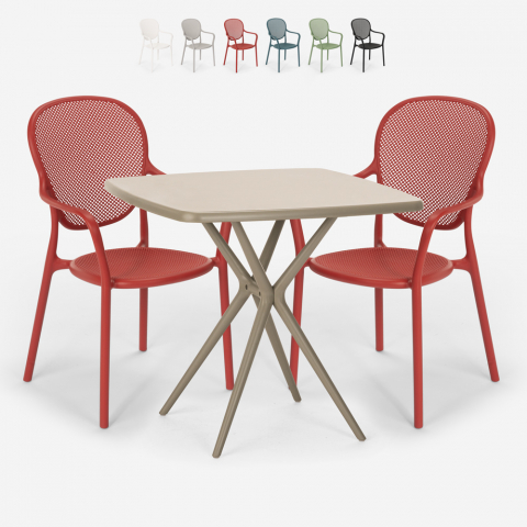 Set 2 Stühle quadratischer Tisch 70x70cm beige drinnen draußen Design Lavett