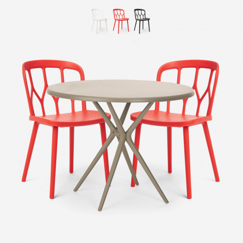 Set 2 Stühle Polypropylen Design Tisch 80cm rund beige Kento