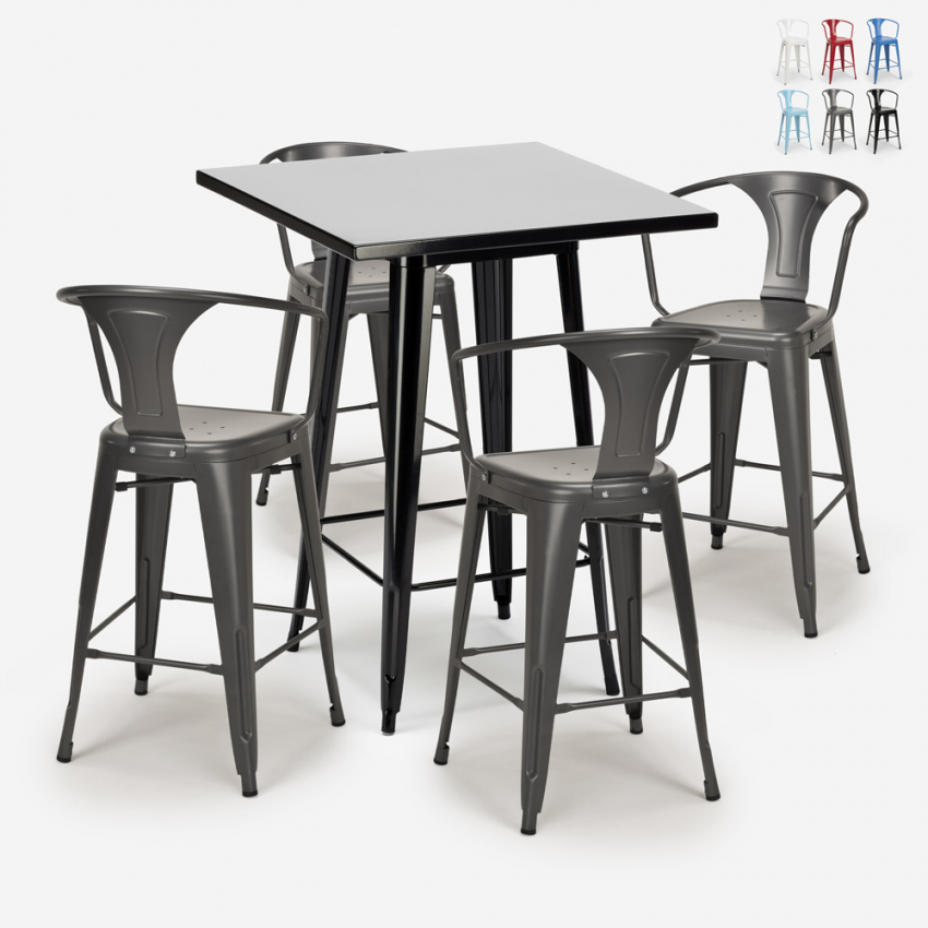  set hoher tisch 60x60cm 4 metallhocker schwarz bar küche bucket black Sales