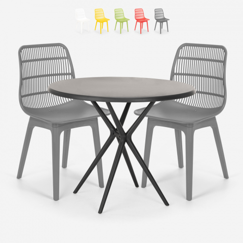 Runder Tisch 80cm schwarz 2 Stühle aus Polypropylen Bardus Dark Aktion