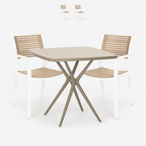 Set quadratischen Tisch 70x70cm beige 2 Stühle Polypropylen für Außen Clue Aktion