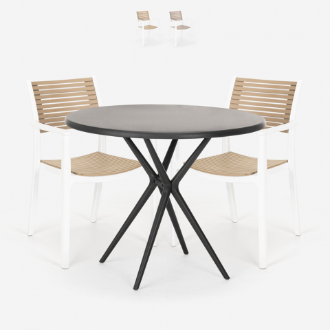 Set 2 Stühle modernes Design schwarzer Tisch rund 80cm Fisher Dark