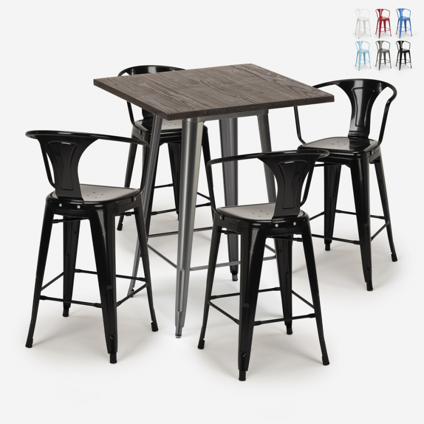 set hoher tisch 60x60cm 4 hocker aus holz metall industriell bruck Rabatte set hoher tisch 60x60cm 4 hocker aus holz metall industriell bruck Rabatte
