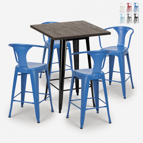 Set von 4 tolix Hockern hoher Tisch 60x60cm Metall Holz Bruck Black Aktion