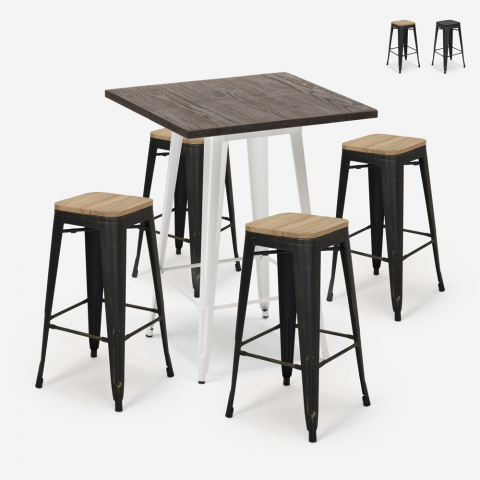 Industrielle Bar Set 4 tolix Holz Hocker hohen Tisch 60x60cm Bent Weiß Aktion