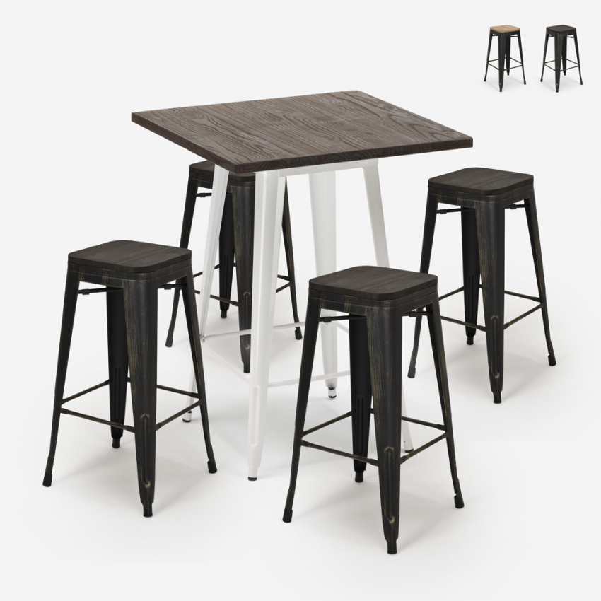 set 4 hocker hoher tisch 60x60cm industrieller stil holz bar bent white Verkauf
