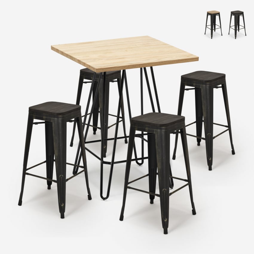 set 4 hocker hoher tisch 60x60cm holz industrieller stil bar küche oudin Aktion set 4 hocker hoher tisch 60x60cm holz industrieller stil bar küche oudin Aktion