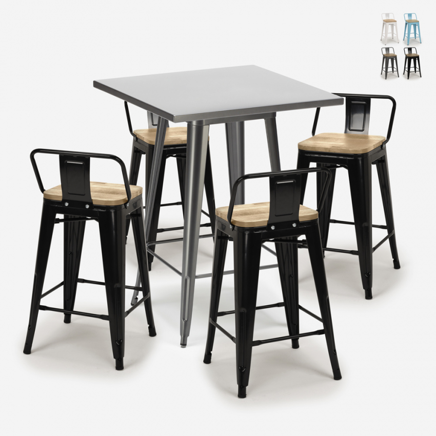 set tisch 60x60cm 4 hocker industrial metall holz bucket steel Angebot