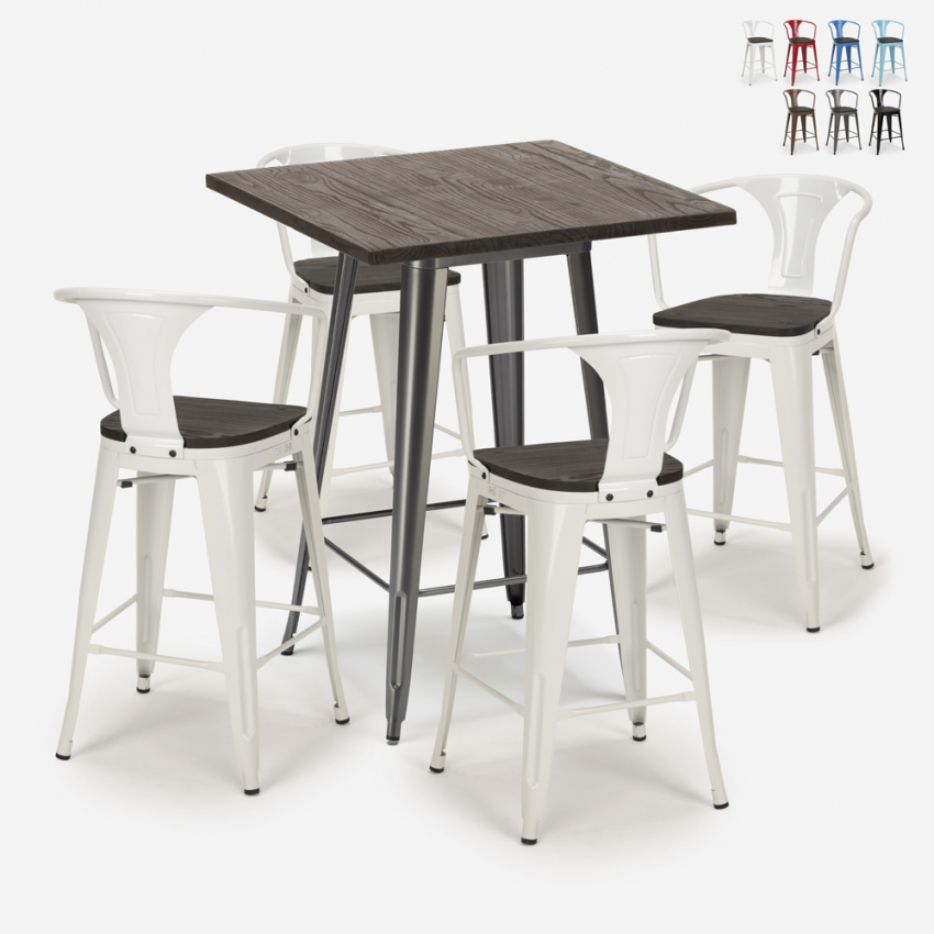 set hoher tisch 60x60cm 4 hocker holz metall industrial bruck wood Angebot