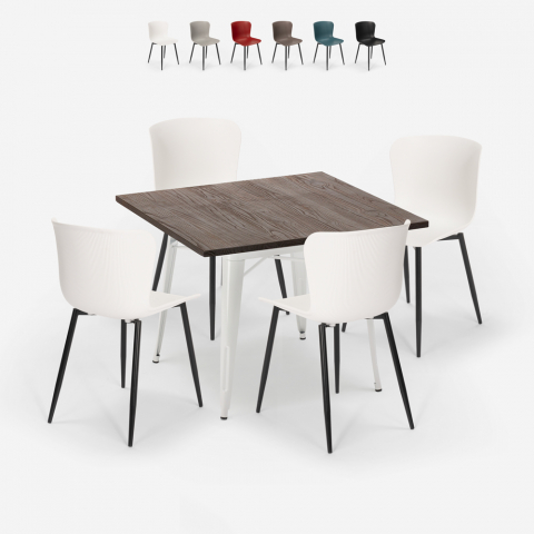 Set 4 Stühle quadratischer Tisch Tolix 80x80cm Holz Metall Amboss Licht Aktion