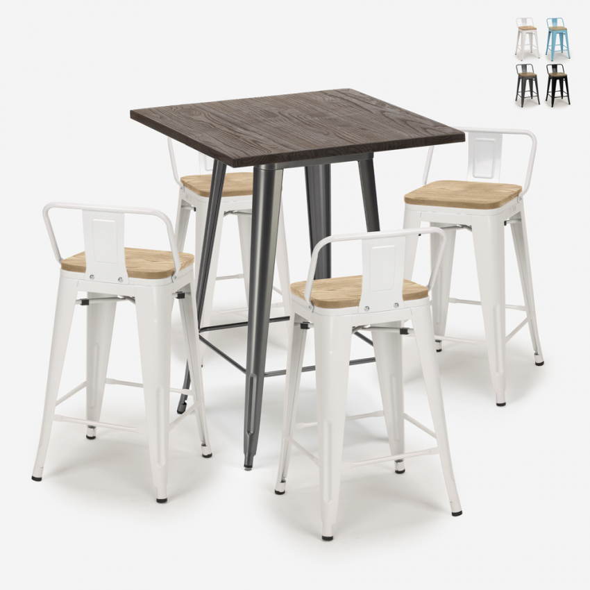 set 4 hocker tisch 60x60cm holz metall industriell bar rough Angebot