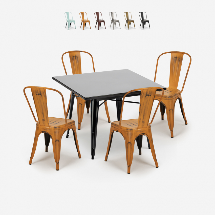 Set 4  Stühle Vintage Industriell Stil Tolix Tisch Schwarz 80x80cm State Black
