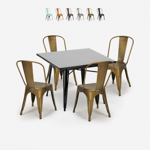 Set mit 4 Vintage-Stühlen im Tolix-Stil, industrieller schwarzer Tisch 80x80cm State Black