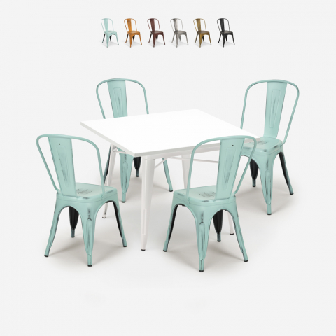 Set  Tisch 80x80cm 4 Stühle Metall industriellen Stil tolix weiß State White Aktion