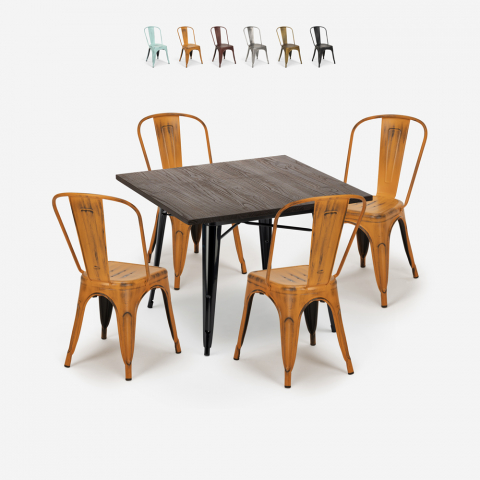 Set 4 Stühle tolix vintage Esstisch 80x80cm Holz Metall Burton Schwarz Aktion