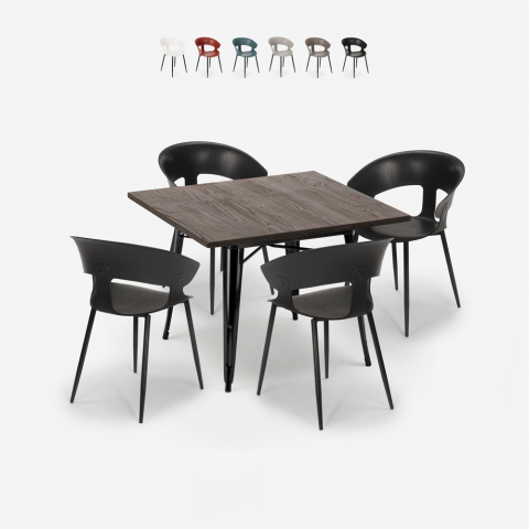 Set 4 Stühle Design quadratischen Tisch 80x80cm tolix industriellen Reeve Schwarz Aktion