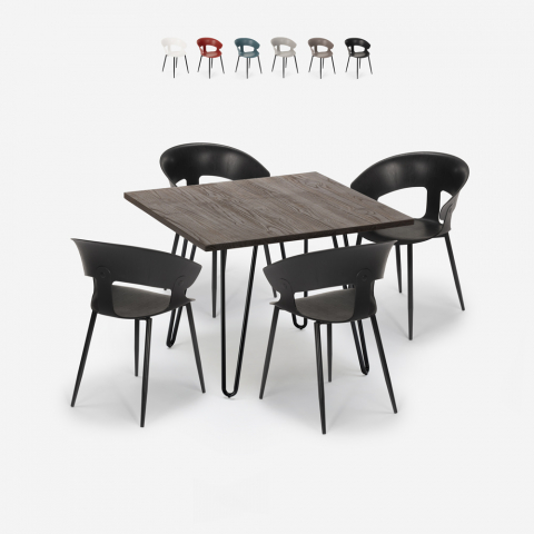 Set 4 Stühle modernes Design Tisch 80x80cm industriell Restaurant Küche Maeve Dark