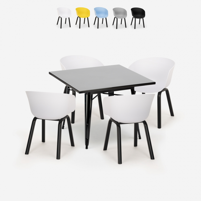 Set Quadratischer Tisch 80x80cm Metall 4 Stühle Modernes Design Krust Dark