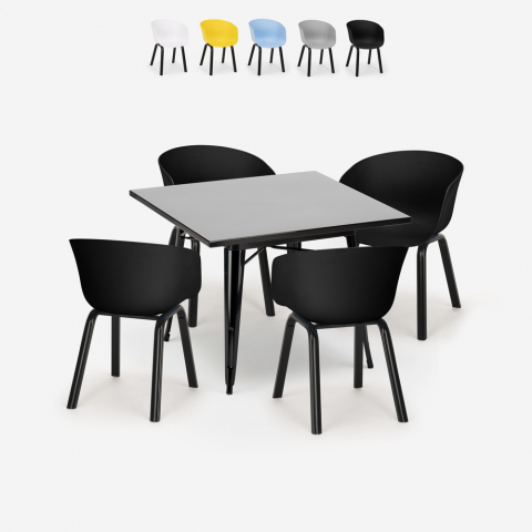 Set quadratischer Tisch 80x80cm Metall 4 Stühle modernes Design Krust Dark