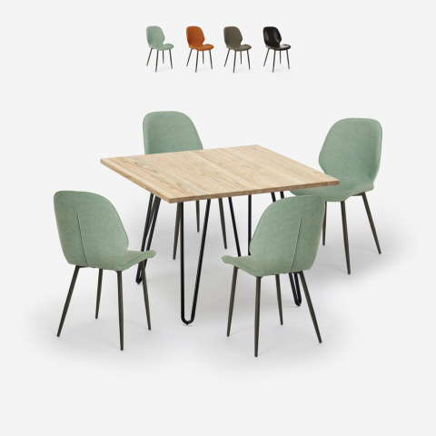 Set 4er Stühle Kunstleder Tisch 80x80cm Holz Metall Wright Light