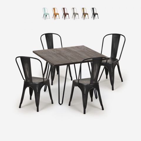 Set Quadratischer Tisch 80x80cm 4 Vintage Tolix Stühle Holz Metall Hedges Dark