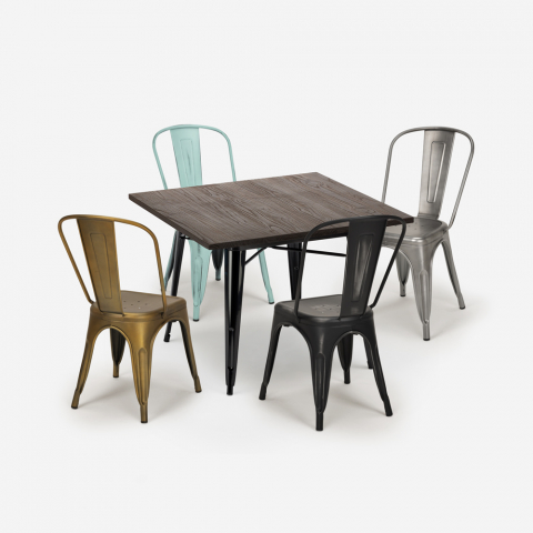 Set Tisch 80x80cm 4 Stühle vintage tolix  Industrie Holz Metall Dickson Aktion