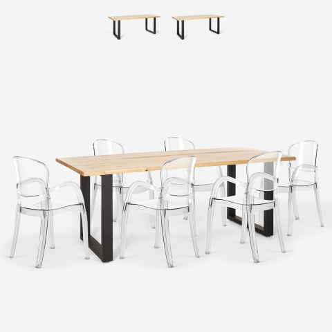 Set Tisch 200x80cm Eisenbeine 6 transparente Stühle Design Jaipur XL