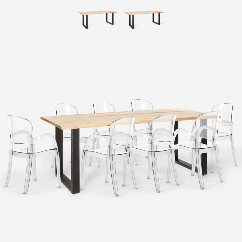 Set mit 8 transparenten Stühlen und Design-Esstisch 220x80cm Jaipur XXL