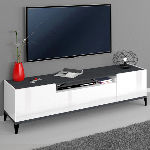 Moderner TV-Schrank 160x40 cm, 2 Fächer, Schublade in Hochglanz Weiß Schiefer Jacob Aktion