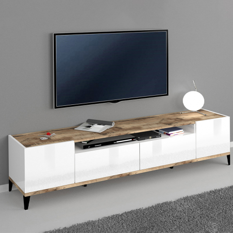 Moderner TV-Schrank mit Schubladenfach 200x40 cm Holz glänzend weiß Young Wood