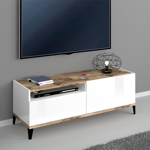 Moderner TV-Ständer mit Schubladenfach, 120x40 cm, weiß glänzend, Holz, Gerald Wood Aktion