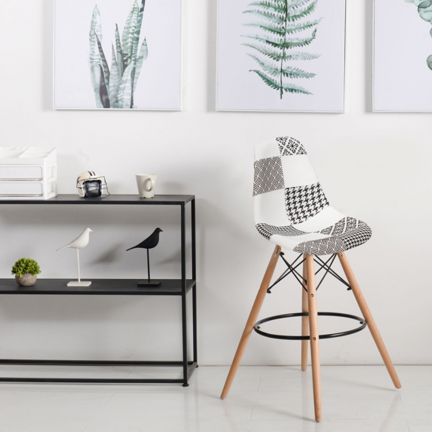 Hoher Hocker für Küche und Bar, nordisches Design, Fußstütze aus Stoff Patchwork Laine