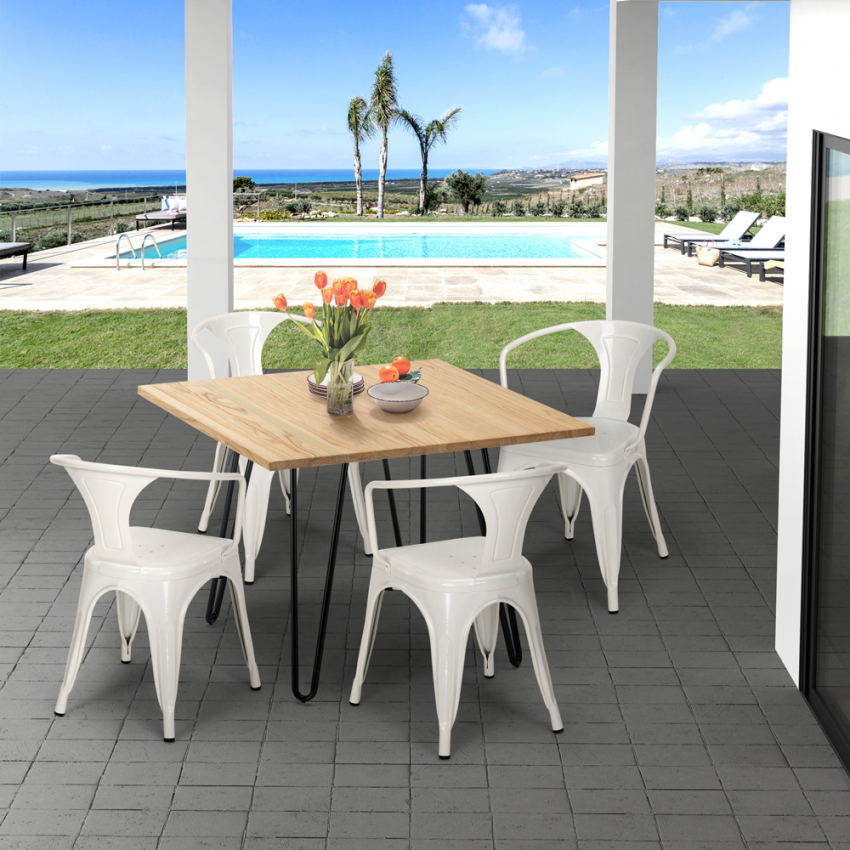 Set Tisch 80x80cm Design Industriell 4 stühle Stil Tolix Bar  Küche Reims Light