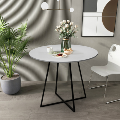 Moderner runder Tisch 100cm weiß schwarz Metall Esszimmer Marmor