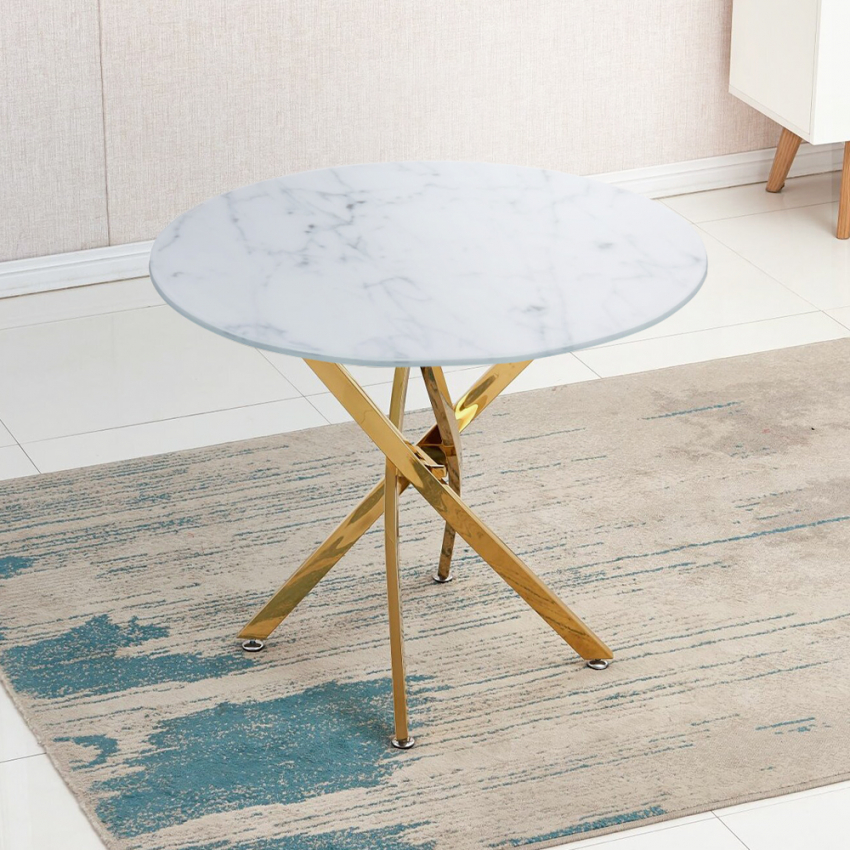 Runder Tisch 100cm Wohnzimmer Glas Marmor Effekt Goldene Beine Aurum