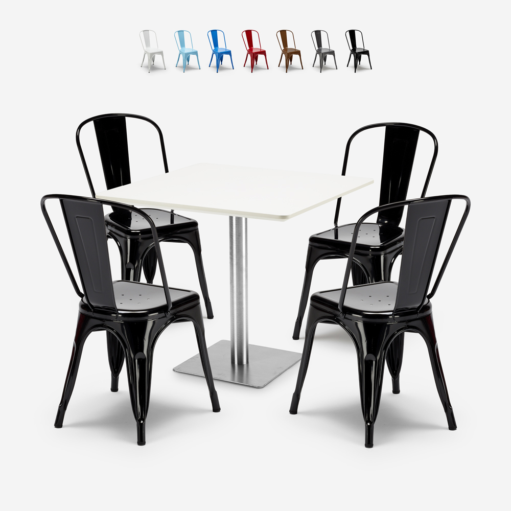 4er Set Stühle Tolix Bars Restaurants Horeca Tisch 90x90cm weiß Just White