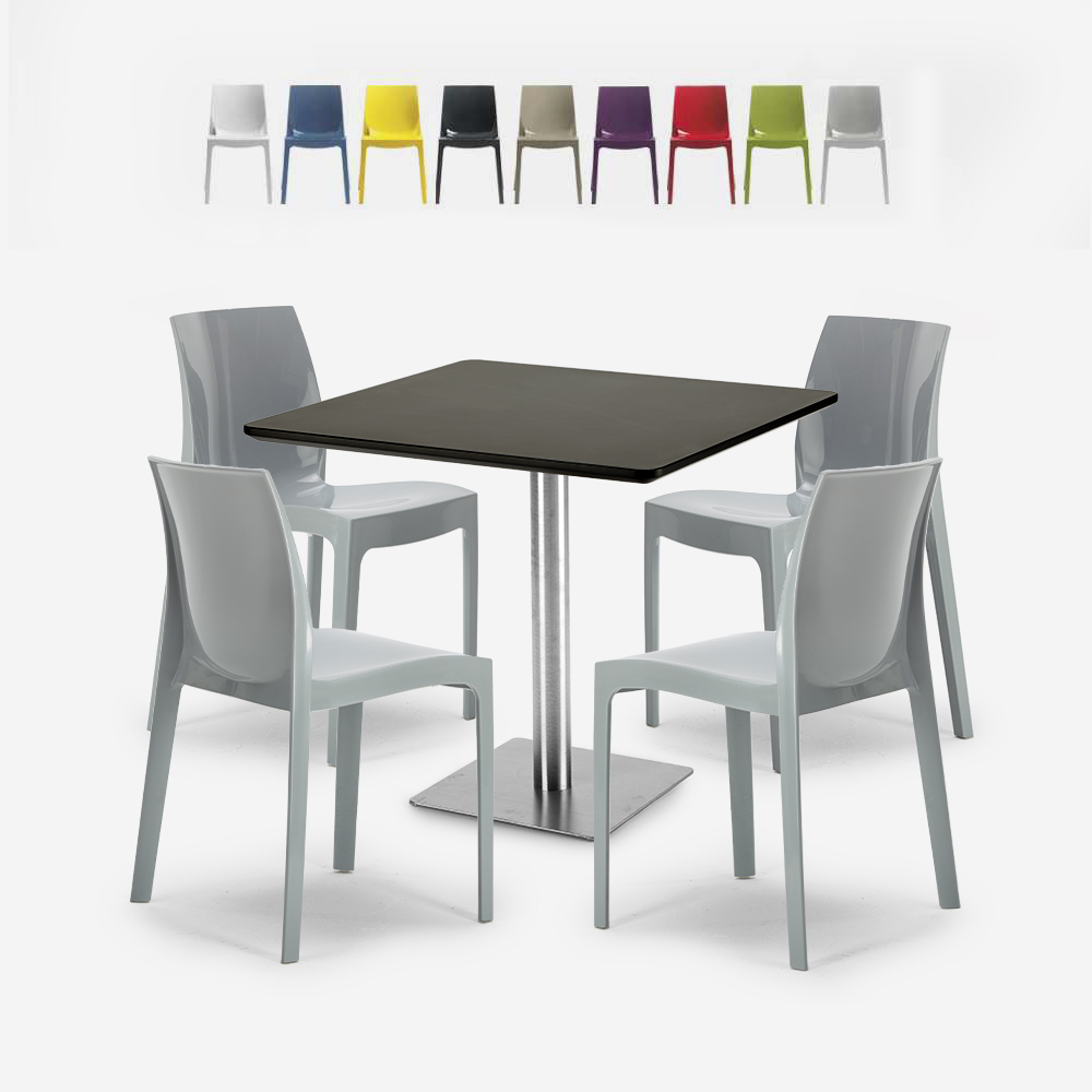 Set 4 stapelbare Stühle aus Polypropylen Horeca Tisch 90x90cm Yanez Schwarz