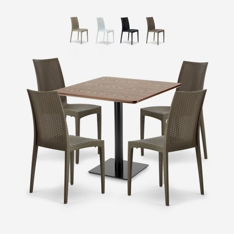 Set Tisch Holz 90x90cm Horeca 4 stapelbare Stühle Polyrattan Barrett