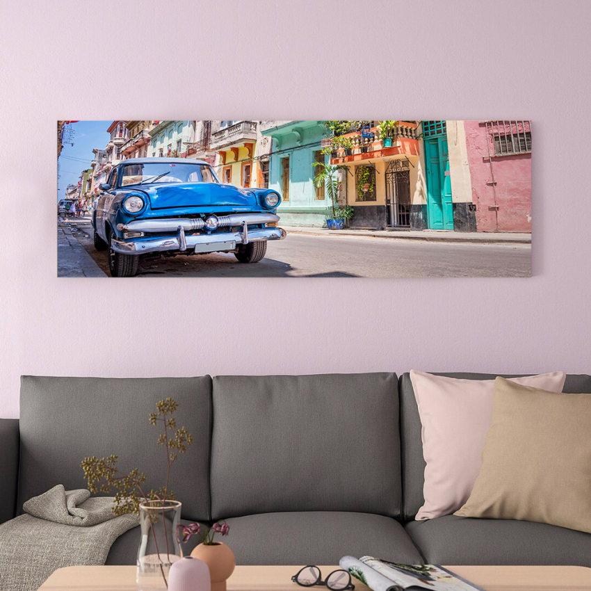 Buntes Wandbild auf laminiertem Canvas mit Stadt und Auto, 120x40 cm, Kuba Aktion Buntes Wandbild auf laminiertem Canvas mit Stadt und Auto, 120x40 cm, Kuba Aktion