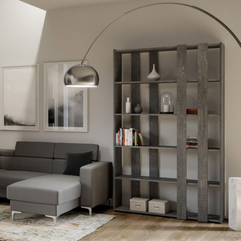 Moderne graue Wand-Bibliothek für Wohnzimmerdesign Kato A Small Concrete Aktion